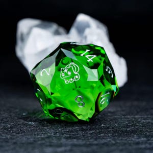 May include: A faceted, emerald-green twenty-sided die with silver numbering and a cartoon graphic. The die is set against a dark background with a white, crystalline structure behind it. The die is a gaming accessory.