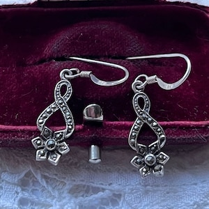 Sterling Silver Marcasite Dangle Earrings, Vintage Floral Jewelry Gift