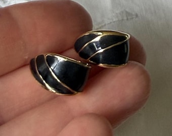 Vintage gold colored and black enamel pierced earrings