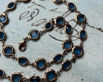 Vintage Bezel Necklace 18ct gold plated, Blue Crystal Chain Link Necklace
