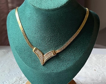 Vintage V shaped crystal necklace, 18ct gold plated