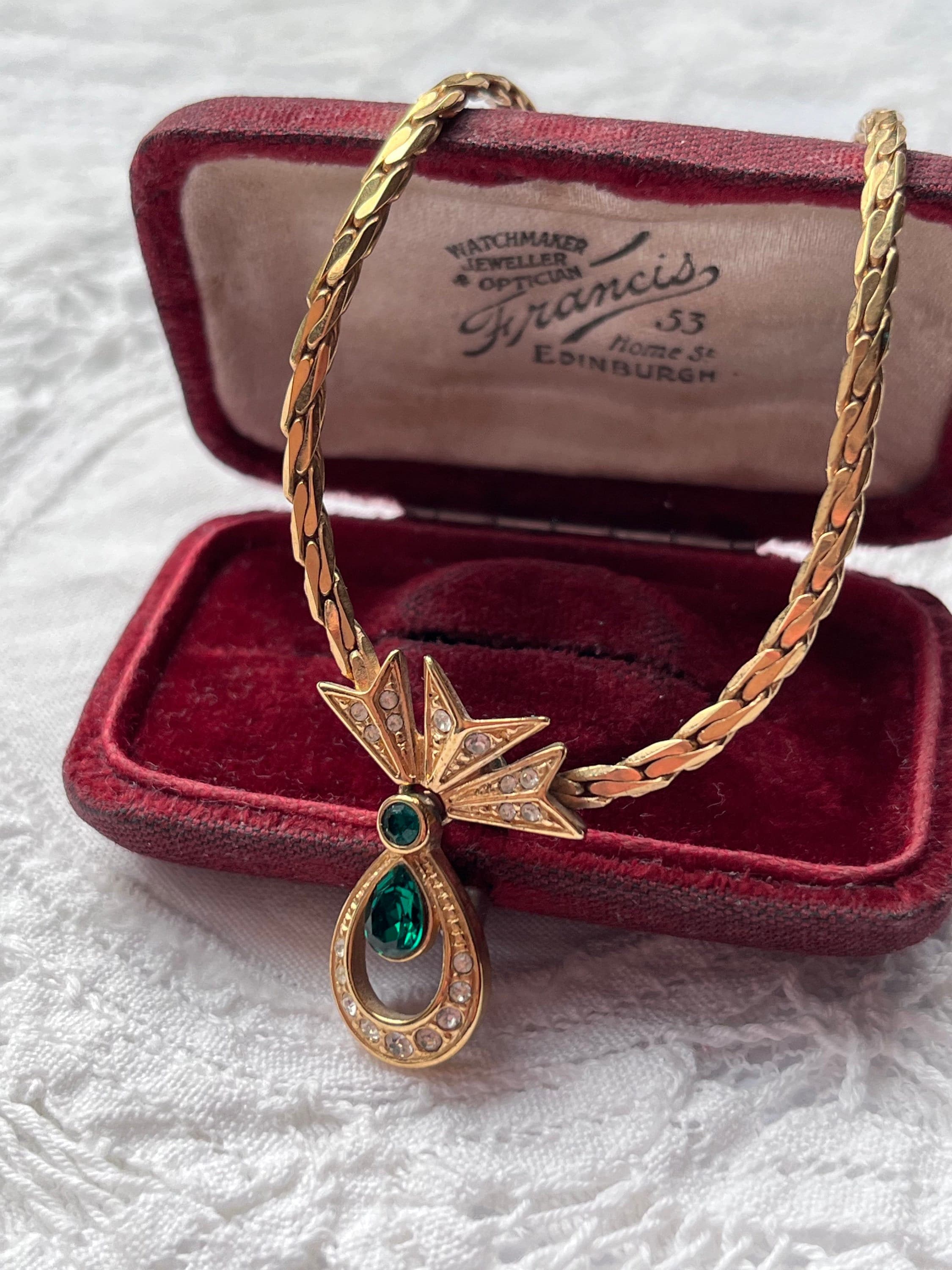 Striking Attwood & Sawyer 18ct gold plated vintage emerald crystal necklace