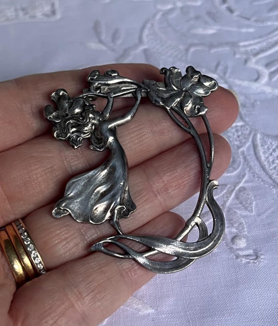 Art Nouveau-style ethereal mythological woman brooch
