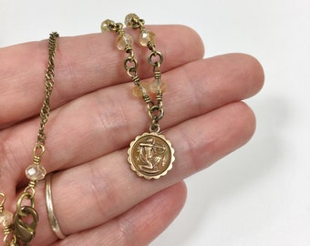 Sagittarius and Citrine Birthstone Choker Necklace, Brass with Natural Gemstones, November Birthday Gift for Her, Zodiac Minimalist Jewelry