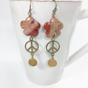 Retro Hippie Statement Earrings, Flower Peace Sign Dangles, Earthy Eclectic Jewelry