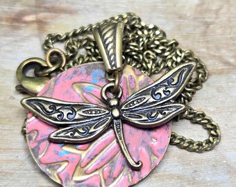 Pink Patinaed Brass Dragonfly Necklace, 17" Chain