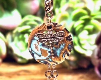 Patinaed Copper Dragonfly Necklace with Turquoise Beads