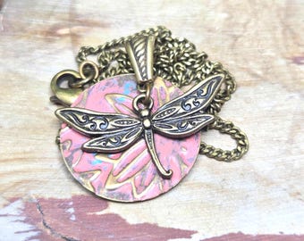 Pink Patinaed Brass Dragonfly Necklace, 17" Chain