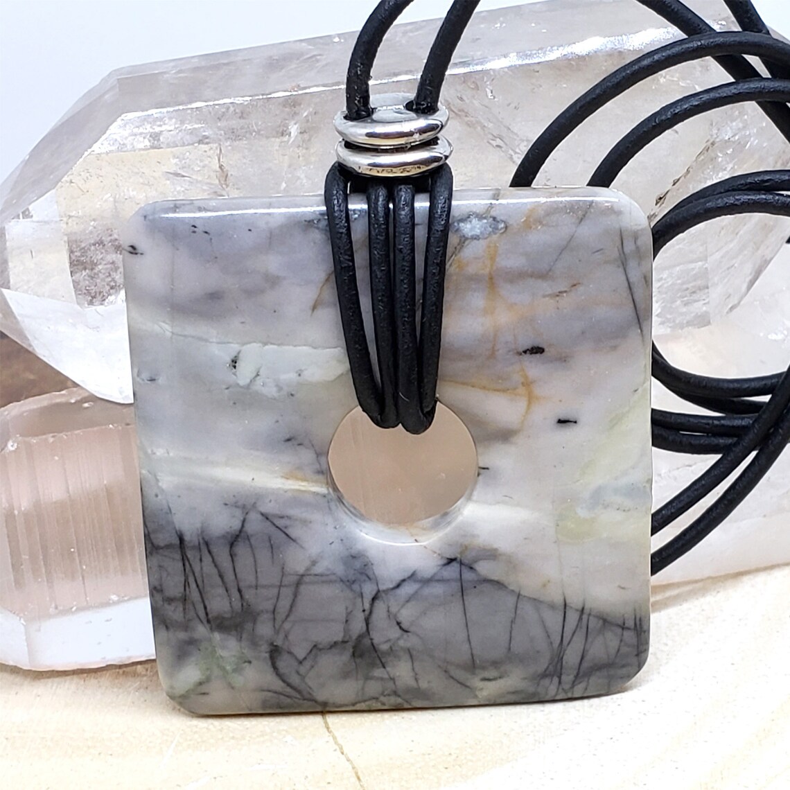 Picasso Jasper Necklace w/ Copper Hoop & Leather Tassel 261e