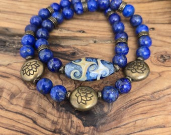 Sodalite Beaded Necklace Bracelet, Brass Accents & Lampwork Bead