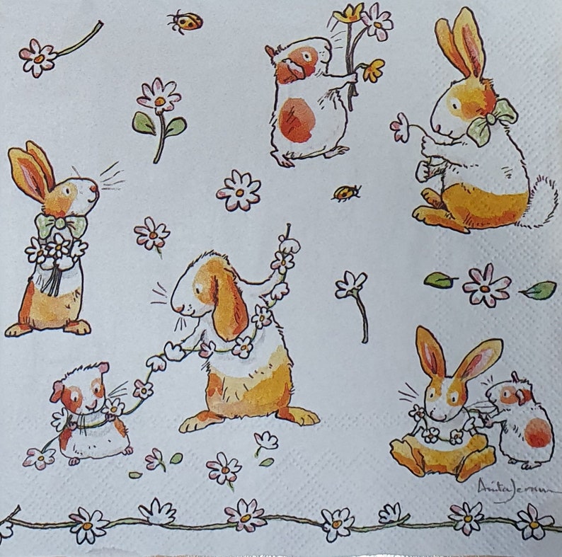 Daisy Chain Easter Bunnies Anita Jeram Set Of 4 Napkins Etsy