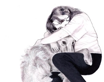 A Girl & Her Dog / Print / Drawing / Golden Retriever / Dog Drawing / Dog Art / Sentimental / Art / Wall Decor