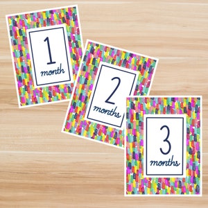 Numérique - Cartes imprimables Baby Milestone. Cartes d'étape colorées. 1 mois, 2 mois et 3 mois. Cartes photo mensuelles pour bébé. Jalon thème/vacances.