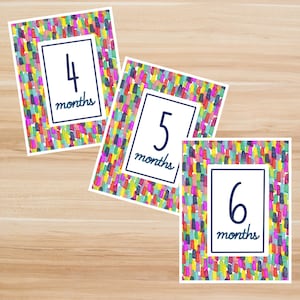 Numérique - Cartes imprimables Baby Milestone. Cartes d'étape colorées. 4, 5, 6 mois. Cartes photo mensuelles pour bébé. Jalon thème/vacances.