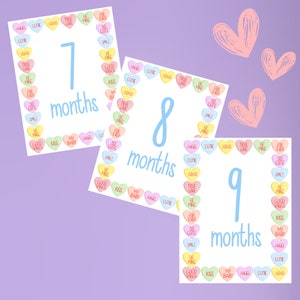 Numérique - Cartes imprimables Baby Milestone. Cartes d'étape de la Saint-Valentin. 7e, 8e et 9e mois. Photo de bébé mensuelle. Jalon thème/vacances.