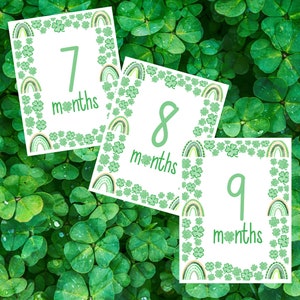 Digital - Baby Meilensteinkarten zum Ausdrucken. St. Patrick's Day Meilensteinkarten. Monat 7, 8, 9. Monatliches Babyfoto. Thema / Feiertagsmeilenstein.