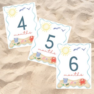 Numérique - Cartes imprimables Baby Milestone. Cartes d'étape de plage. Bord de mer. 4, 5, 6 mois. Photo de bébé mensuelle. Jalon thème/vacances.