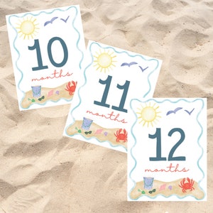 Numérique - Cartes imprimables Baby Milestone. Cartes d'étape de plage. Bord de mer. 10, 11, 12 mois. Photo de bébé mensuelle. Jalon thème/vacances.