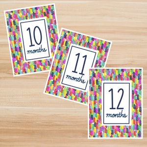 Numérique - Cartes imprimables Baby Milestone. Cartes d'étape colorées. 10, 11, 12 mois. Cartes photo mensuelles pour bébé. Jalon thème/vacances.