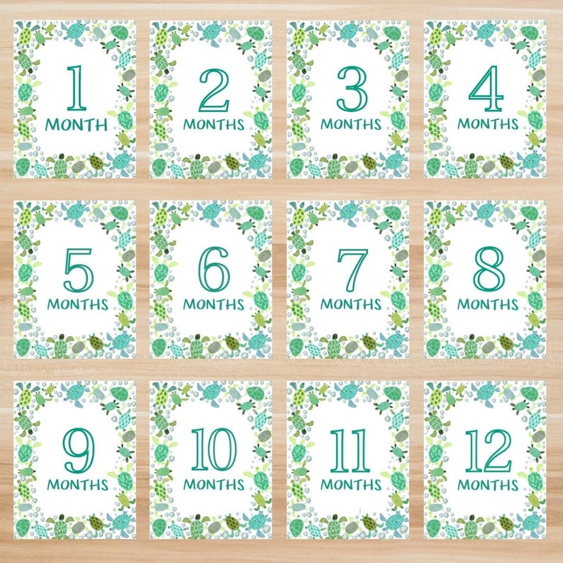 Month Cards Digital - Baby Milestone Printable Cards. Turtle Milestone Cards ...