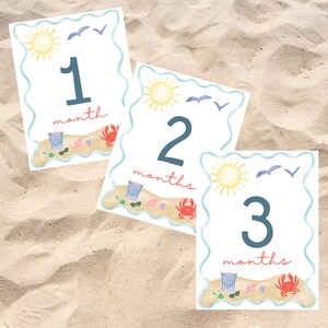 Numérique - Cartes imprimables Baby Milestone. Cartes d'étape de plage. Bord de mer. Mois 1, 2, 3 mois. Photo de bébé mensuelle. Jalon thème/vacances.