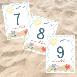 Digital - Baby Meilensteinkarten zum Ausdrucken. Strand Meilenstein Karten. Meeresküste. Monat 7, 8, 9. Monatliches Babyfoto. Thema / Feiertagsmeilenstein.