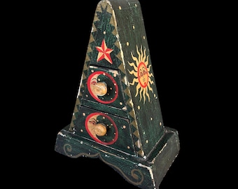 Vintage 1990s Celestial Folk Art Hand Painted Dark Green Pyramid Chest w/ Two Drawers 11.75” (AS IS - Read Description)