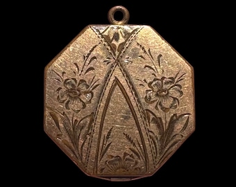 Antique Victorian RBM Atrice 1874 Gold Filled Etched Floral Octagon Shaped Locket Pendant 27mm