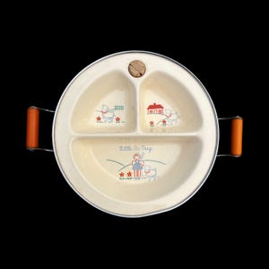 Vintage 1940s Excello Little Bo Peep Chromium Divided Children’s Toddler Baby Food Warming Dish w/ Orange Bakelite Handles (Made in USA)