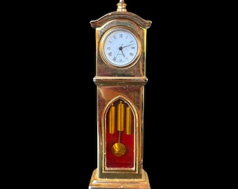 Vintage Miniature Grandfather Clock Gold Tone Quartz Movement w/ New Battery (Tested & Works) 4.5”
