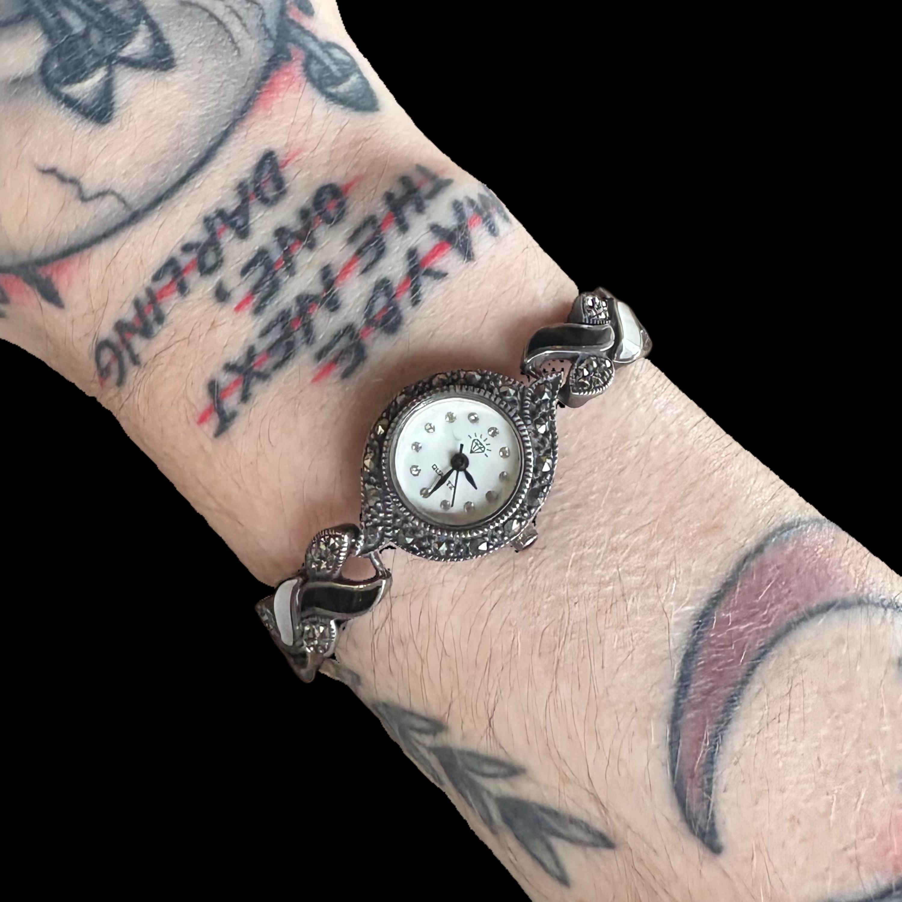 Vintage Suspicion Women\'s Marcasite Watch With Mother Of Pearl Face Vintage Judith Jack Sterling Silver Marcasite Watch: Mother  main image 2