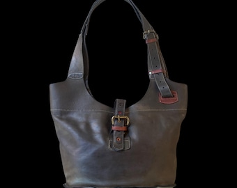 Ladybuq Art Handmade Brown Gray Green High Quality Vegetable Tanned Top Grain Leather Vintage Style Oversized Artsy Hobo Bag Made in Poland