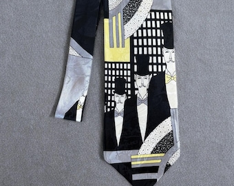 Vintage Deco by ERTE 100% Silk Necktie w/ Art Deco Top Hat Men Geometric Cityscape Design, Limited Collection, Handmade in Korea