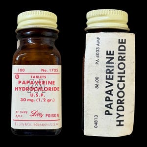 Vintage Eli, Lilly & Co Papaverinhydroklorid Opiatderivat Gift Tom Bärnstensfärgad Glasflaska Med Originalpapper