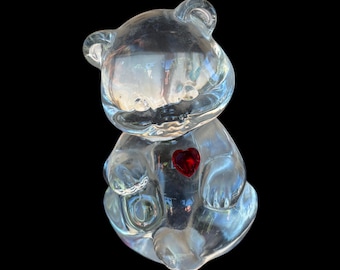 Vintage Y2K Fenton Clear Manganese Glass Birthstone Bear July Ruby Red Heart Figurine Paperweight 3.5” (Glows Under 395nm UV)