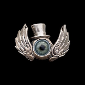 ZELDZAME vintage sterlingzilveren oogprothese blauw/groene iris met vleugels en hoge hoedhanger 27 g | Antieke glasprothese | 925 | Oddity-ketting