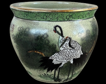 Vintage Chinese Hand Painted Porcelain Fish Bowl Indoor Planter Cachepot w/ Cranes, Koi Fish, Floral Design, & Calligraphy Inscription 6.5”
