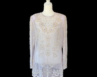 Vintage 1980s Jack Bryan Beaded Sequin Faux Pearl Rhinestone Silky Chiffon Sheer Purple Lilac Tunic Blouse Top (Size Large)