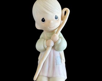 Vintage 1986 Precious Moments Enesco Standard Nativity Porcelain Bisque “Come Let Us Adore Him” Shepard w/ Staff & Slingshot Figurine 104000