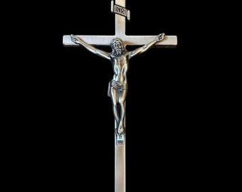 Vintage Lovell Casket Crucifix Brushed Cast Metal Silver Tone INRI Wall Hanging w/ Curved Back – Memento Mori Oddities, Curiosities, Funeral