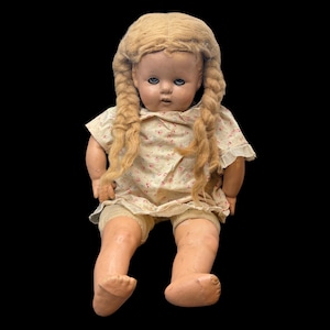 Vintage 1930s Ideal Doll Sleepy Eyes Composition Doll w/ Squeaker Box Blonde Hair & Blue Eyes (Made in USA) 17” Oddities Haunted Creepy Doll