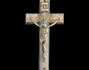 Vintage Casket Crucifix Cast Metal Antiqued Bronze Tone INRI Funeral Wall Hanging Memento Mori Oddity
