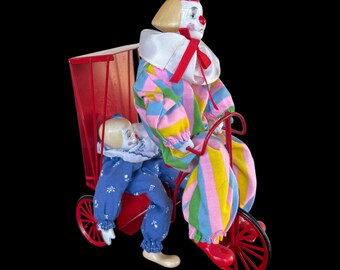 Vintage 1984 Enesco Two Porcelain Clown Dolls on Red Metal Tricycle Rickshaw | Oddities | Clowncore