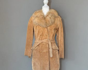 Vintage 1970s Genuine Suede Leather & Real Sheepskin Shaggy Fur Collar Brown Boho Penny Lane Trench Coat Jacket Women’s Size 8 (As Is)