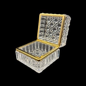 Vintage 1950s French Cut Crystal Heavy Mid Century Jewelry Casket Trinket Box w/ Gold Tone Brass Rim Hardware 3.25”