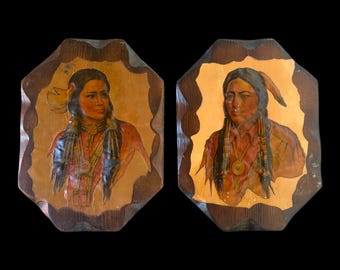 Vintage jong Indiaans stel man en vrouw decoupage op hout Paar kunstportretten wandkleden (zoals het is) 12 x 9 inch