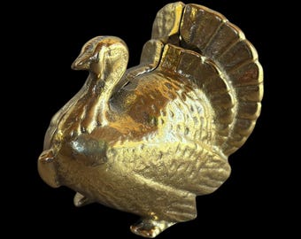 Antique Solid Brass Cast Metal Turkey Coin Still Bank 3.25” – Thanksgiving Decor