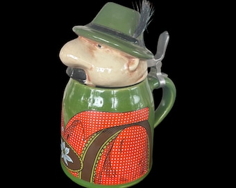 Vintage GERZ Gerzit Original Figural Traditional German Bavarian Man w/ Mustache, Lederhosen, & Hat Ceramic Lidded Beer Stein 7.5”