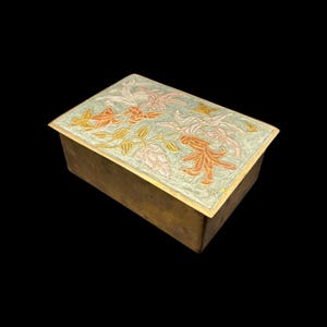 Vintage Cloisonné & Brass Chinese Style Floral Lidded Rectangular Enamel Jewelry Trinket Box w/ Blue Green Purple Red 5.25” (Made in India)