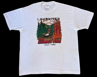 Vintage 1992 I Survived The Burney Fire (Fountain Fire) Burney, California Fire Department Men’s White Single Stitch T-Shirt XL (As Is)
